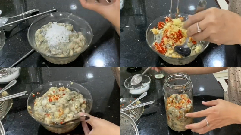 alt text: Hàu được ướp với gia vị gồm tỏi, ớt, riềng, muối và rượu trắng.