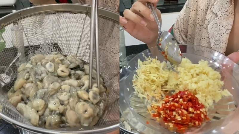 alt text: Hàu sữa được rửa sạch, để ráo. Tỏi, ớt băm nhỏ, riềng cắt sợi.