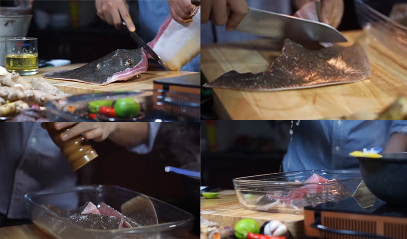 alt text: Ướp cá đuối với tiêu, chanh và các gia vị khác để cá thấm đều và khử mùi tanh.