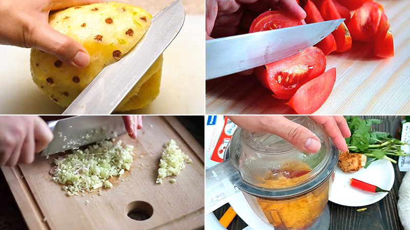 alt: Xay nhuyễn hỗn hợp khóm, cà chua và ớt