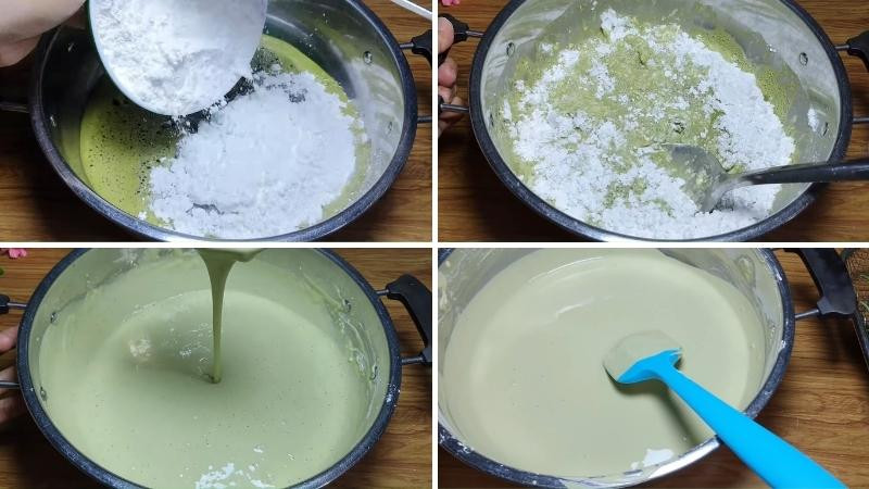 Hỗn hợp bột lá mơ sau khi được lọc mịn và sẵn sàng làm bánh