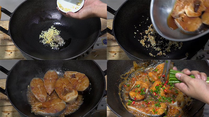 Kho cá cho đến khi nước màu sánh mịn, cá thấm đều gia vị